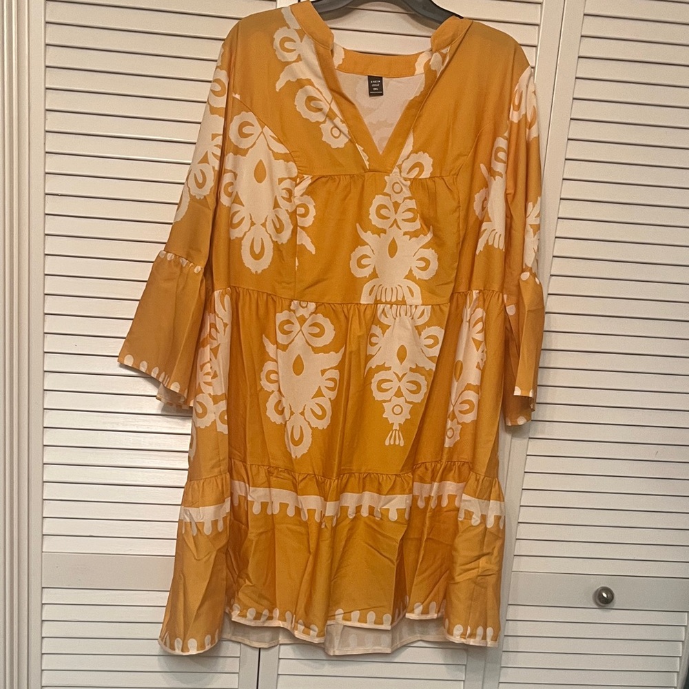 SHEIN Mustard and White Patterned Long Sleeve Dress